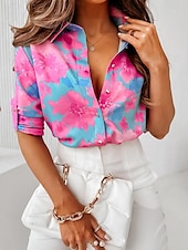 voordelige Dames grafische tops-Dames Overhemd Blouse Bloemig Stip Casual Lange mouw Overhemdkraag Normale tops Vakantie Dagelijks Knop Afdrukken Wit Blozend Roze Rood blauw Khaki Lente zomer