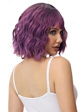 economico Parrucche trendy sintetiche-parrucca bob ondulata viola verde rosa con frangia parrucca viola ombre naturale capelli sintetici lunghezza delle spalle parrucche corte ricci per le donne