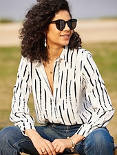 economico Top a Righe e Geometrici per Donne-Camicia da donna Basic a righe con bottoni stampa maniche lunghe maglie regolari colletto casual nera bianca primavera autunno