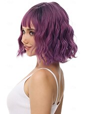 economico Parrucche trendy sintetiche-parrucca bob ondulata viola verde rosa con frangia parrucca viola ombre naturale capelli sintetici lunghezza delle spalle parrucche corte ricci per le donne