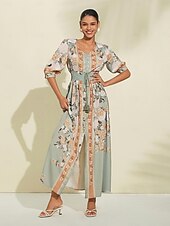 abordables Robes de fête-Robe longue en satin vert à fleurs, col en V, manches bouffantes, pour invités de fête/mariage, pour impressionner 2024