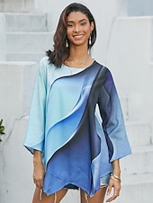 billiga Kvinnors Konst &amp; Design Toppar-Damblus Chiffon Daglig Enkel Neon  Klara Abstrakt Tryck Lång Ärmar Långa Toppar Rund Hals Avslappnad Blå Höst  Vinter