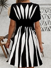 cheap Stripe&amp;Geometric Dress-Women&#039;s Mini Dress Casual Dress Petite Dress Sundress A Line Dress Vintage Stylish Casual Vacation Home Party Loose Fit Geometric Stripe Short Sleeve Sweetheart Black And White Summer
