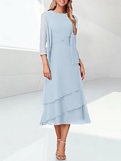 abordables Con chaqueta-Vestido A Línea de Playa para la Madre de la Novia Elegante Cuello Joyero Longitud de Té Chifón Manga de 3/4 Envoltura Incluida con Fruncido 2025 tamaño personalizado gratis