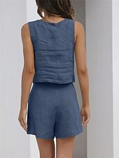 billige Loungewear for damer-Dame lounge Sett Ren farge Mote Grunnleggende Gate Daglig Bomull og lin Pustende Firkantet hals Ermeløs Stropp Topp Shorts Lomme Sommer Vår Svart Rosa