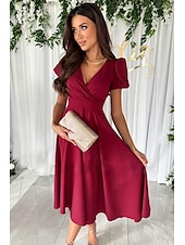 abordables Robe noire-robe noire Robe Évasée Femme Robe mi-longue Ourlet à volants Formel Soirée Elégant Col V Manche Courte Standard Noir Rose Claire Rouge S M L XL XXL
