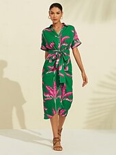 abordables Robes décontractées-Femme Robe imprimée Robe mi-longue Robe mi-longue Vert Manche Courte Plantes Froncé Eté Col V Robe Motif S M L
