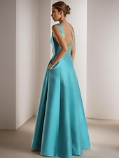 abordables Robes de bal de promo-Robes de Prom A-Line Robe Élégante Formelle Prom Longueur de Sol Sans Manches V Col Poche Satin avec Appliqués