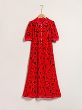 economico abito casual stampato-Abito midi in chiffon con maniche a sbuffo e stampa floreale