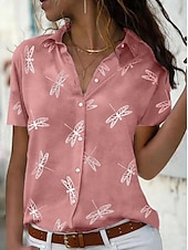 voordelige Dames grafische tops-dames casual overhemd korte mouw libellenprint reverskraag knoopsluiting stoffig roze relaxte pasvorm lente zomer mode top dagelijks gebruik maten s-xl