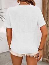 abordables T-shirt uni-Blouses Éléguantes en Dentelle Blanche pour Femmes Top en Dentelle à Oeillets Mode Basique Regular Tops Manches Courtes Col en V Dentelle Ajustement Normal Vacances Quotidien Romantique Petits Tops