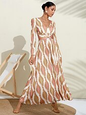 economico Abiti floreali-Per donna Orlo maxi Raso Maxi Vestito maxi SALMONE Bianco Manica lunga Modello di piante Fiore / Piante Pulsante pianta Primavera A V Abito volante S M L