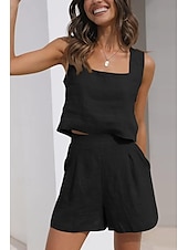 billige Loungewear for damer-Dame lounge Sett Ren farge Mote Grunnleggende Gate Daglig Bomull og lin Pustende Firkantet hals Ermeløs Stropp Topp Shorts Lomme Sommer Vår Svart Rosa