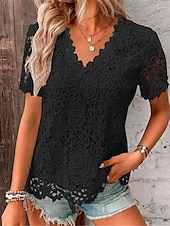 preiswerte Spitzenoberteile-Damen Spitzenbluse V-Ausschnitt Blumen Kurzarm weiß elegant romantisch halbtransparent atmungsaktiv Top Frühling Sommer lässig Event Mode Kleidung