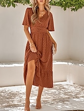 halpa Mekot-Naisten Rento mekko Midimekko Ruffle Trim Deitti Loma Katutyyli Vapaa-aika V kaula-aukko Puolihiha Ruskea Apila Aprikoosi Väri