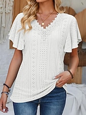 cheap Lace Tops-Women's Pointelle Shirt Eyelet Top Lace Shirt Lace Short Sleeve Flutter Sleeve Crew Neck Casual Daily Beach Blue Black White Pink Summer