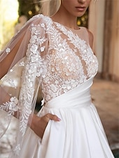 baratos Vestidos de Casamento-Vestidos de Noiva Vintage com Costas Abertas Estilo Real Gown de Baile Off Shoulder Decote em V Alças Regulares Cauda de Capela Vestidos de Noiva de Cetim com Pregas franzidas