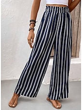 voordelige wijde pijpen en hoge taille-Dames Breed Been Broeken Casual / Dagelijks Lang Gestreept Breed Been Opdrukken Ademend Comfortabel Micro-elastisch Kantoor / Formeel Marineblauw Lente zomer Normale pasvorm