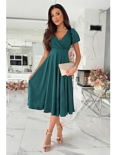 abordables Robe noire-robe noire Robe Évasée Femme Robe mi-longue Ourlet à volants Formel Soirée Elégant Col V Manche Courte Standard Noir Rose Claire Rouge S M L XL XXL