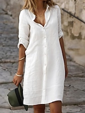 cheap Design Cotton &amp; Linen Dresses-Women&#039;s Black White Blue Summer Spring Mini Dress Cotton Linen Dresses Shirt Dress White Cotton Dress Vacation Basic Modern Daily Weekend Loose Fit Plain Shirt Collar