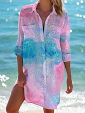 voordelige Blousejurken-dames strand cover-up lange mouw v-hals marine print knoopsluiting roltab mouw wit blauw one size resortkleding zomer zeeleven patroon kleding kleding