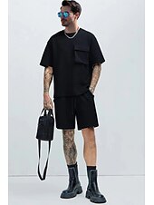 olcso Férfi Basic Tees szettek-Férfi 2 darab Póló öltönyök Rövidnadrág és póló szett Rövid ujjú Terített nyak Nyár Tömör szín Testedző Alkalmi Zseb 2 db Vakáció Hétköznapi viselet Sportruházat Fekete Fehér Barna Férfi felső póló