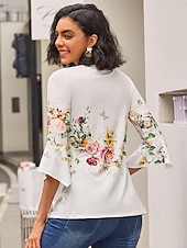 cheap Floral tee-Women&#039;s T Shirt Basic Floral Buttons Print 3/4 Length Sleeve Regular Tops Round Neck Casual Holiday White