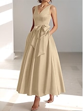 economico Abiti da cocktail-Abiti da cocktail A-Line per matrimoni in spiaggia abito elegante per ospiti di matrimoni Kentucky Derby lunghezza tè senza maniche scollatura a V con tasca in raso con fiocco(i) abiti Derby 2025