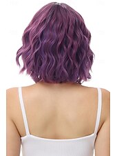 economico Parrucche trendy sintetiche-parrucca bob ondulata viola verde rosa con frangia parrucca viola ombre naturale capelli sintetici lunghezza delle spalle parrucche corte ricci per le donne