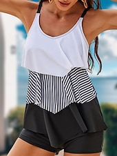 economico Tankini-costume da bagno da donna due pezzi tankini color block strisce bianco nero senza maniche scollo a barchetta asciugatura rapida elastico estivo spiaggia sportivo costume da bagno con pantaloncini