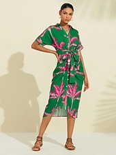 abordables Robes décontractées-Femme Robe imprimée Robe mi-longue Robe mi-longue Vert Manche Courte Plantes Froncé Eté Col V Robe Motif S M L