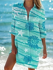 voordelige Blousejurken-dames strand cover-up lange mouw v-hals marine print knoopsluiting roltab mouw wit blauw one size resortkleding zomer zeeleven patroon kleding kleding