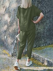 levne Sady-Dámské Aktivní Základní Sady inspirované lnem Dvoudílné sady Halenka Krátký rukáv Tričkový Pevná barva Šňůrky Dovolená Běžné / Denní Černá Armádní zelená Rubínově červená Léto Běžný