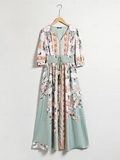 abordables Robes de fête-Robe longue en satin vert à fleurs, col en V, manches bouffantes, pour invités de fête/mariage, pour impressionner 2024