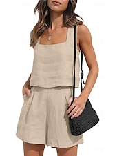 billige Loungewear for damer-Dame lounge Sett Ren farge Mote Grunnleggende Gate Daglig Bomull og lin Pustende Firkantet hals Ermeløs Stropp Topp Shorts Lomme Sommer Vår Svart Rosa
