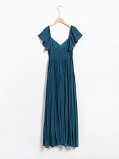 abordables Robes décontractées-Robe longue d&#039;invité de mariage en mousseline de soie pour femmes, élégante, bleue, plissée, col en v, manches courtes, ligne a, robe de soirée formelle