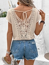 cheap Lace Tops-Women&#039;s White Elegant Lace Tops Eyelet Blouse Dressy Tops Bohemia Casual Short Sleeve V Neck Lace Romantic Petite Tops Summer Holiday Wear White Summer