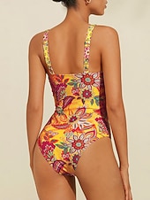 billige designer badetøy-Dame Badetøy Ett stykke Badedrakt Avtagbar pad Rynket utringing Boho Paisley Damask Gul Torget Badedrakter Trykt mønster ny Ferie Strand Klær Strandstil