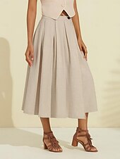 cheap Women&#039;s Skirt-Women&#039;s Linen Blend Khaki Box Pleated Midi Skirt