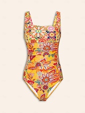 billige designer badetøy-Dame Badetøy Ett stykke Badedrakt Avtagbar pad Rynket utringing Boho Paisley Damask Gul Torget Badedrakter Trykt mønster ny Ferie Strand Klær Strandstil