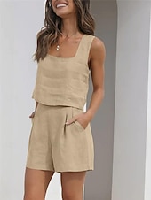 billige Loungewear for damer-Dame lounge Sett Ren farge Mote Grunnleggende Gate Daglig Bomull og lin Pustende Firkantet hals Ermeløs Stropp Topp Shorts Lomme Sommer Vår Svart Rosa