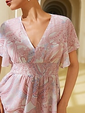 cheap Print Casual Dress-Chiffon Wedding Guest Floral V Neck Corset Maxi Dress