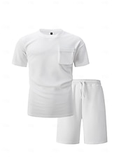 olcso Férfi Basic Tees szettek-Férfi 2 darab Póló öltönyök Rövidnadrág és póló szett Rövid ujjú Terített nyak Nyár Tömör szín Testedző Alkalmi Zseb 2 db Vakáció Hétköznapi viselet Sportruházat Fekete Fehér Barna Férfi felső póló
