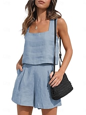 billige Loungewear for damer-Dame lounge Sett Ren farge Mote Grunnleggende Gate Daglig Bomull og lin Pustende Firkantet hals Ermeløs Stropp Topp Shorts Lomme Sommer Vår Svart Rosa