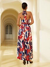 cheap Jumpsuits-Satin Loose Floral Wide-leg Belted Jumpsuit