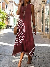 cheap Casual Floral Dresses-Women&#039;s Midi Dress Bohemian Sleeveless Round Neck Tie-Dye Fringe Detail Beach Casual Blue White One Size Summer Fashion Clothing Apparel