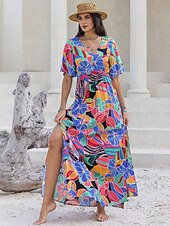 preiswerte Kleider für die Ferien-Damen kleid lang Chiffon-Kleid Elegant Böhmen Vintage Urlaub Party Täglich Lockere Passform Blumen Kurzarm Asymmetrisch Blau Sommer