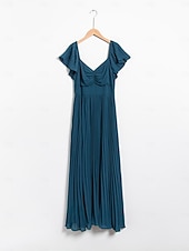 abordables Robes décontractées-Robe longue d&#039;invité de mariage en mousseline de soie pour femmes, élégante, bleue, plissée, col en v, manches courtes, ligne a, robe de soirée formelle
