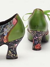 preiswerte Mary Jane Pumps-Women's Green Leather Mary Jane Heels with Floral Print, Ribbon Ties, and Retro Style - Perfect for Vintage-Themed Events and Daily Elegance