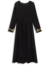 preiswerte abendkleider-Besticktes Maxikleid für Damen, V-Ausschnitt, lange Ärmel, Blumenmuster, Folk-inspiriert, schwarz, mehrfarbig, elegant, leger bis halbformell, für Frühling und Herbst, leicht, bequeme Passform, in